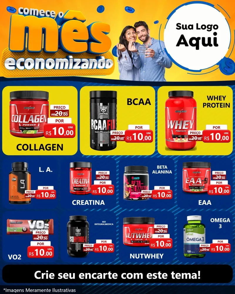 Modelo de Rede Social para Feed Instagram com o tema Comece O Mês Economizando para Suplementos alimentares