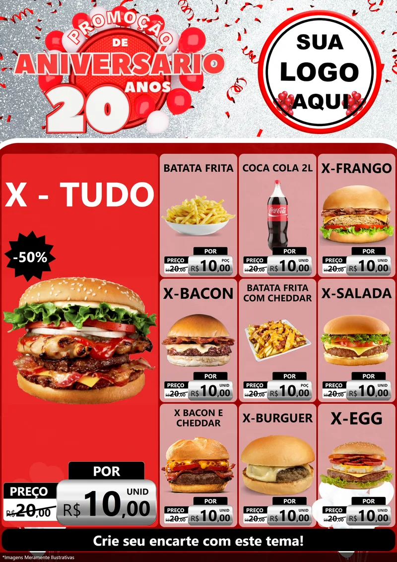 Modelo de Encarte para Encarte A4 Vertical com o tema Promoção de Aniversário - 20 Anos para Hamburgueria