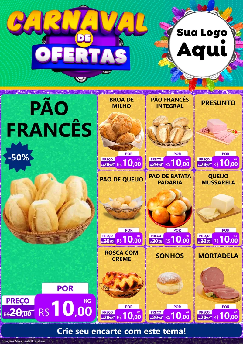 Modelo de Encarte para Encarte A4 Vertical com o tema Carnaval de Ofertas para Padaria