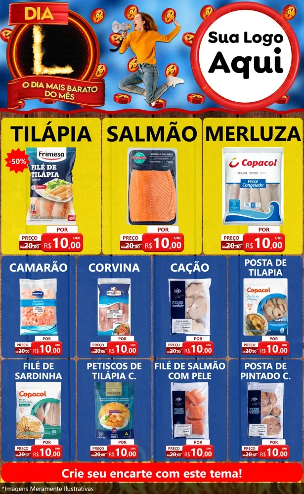 Modelo de Encarte para Encarte Grande com o tema Dia L - O Dia Mais Barato Do Mês para Peixaria