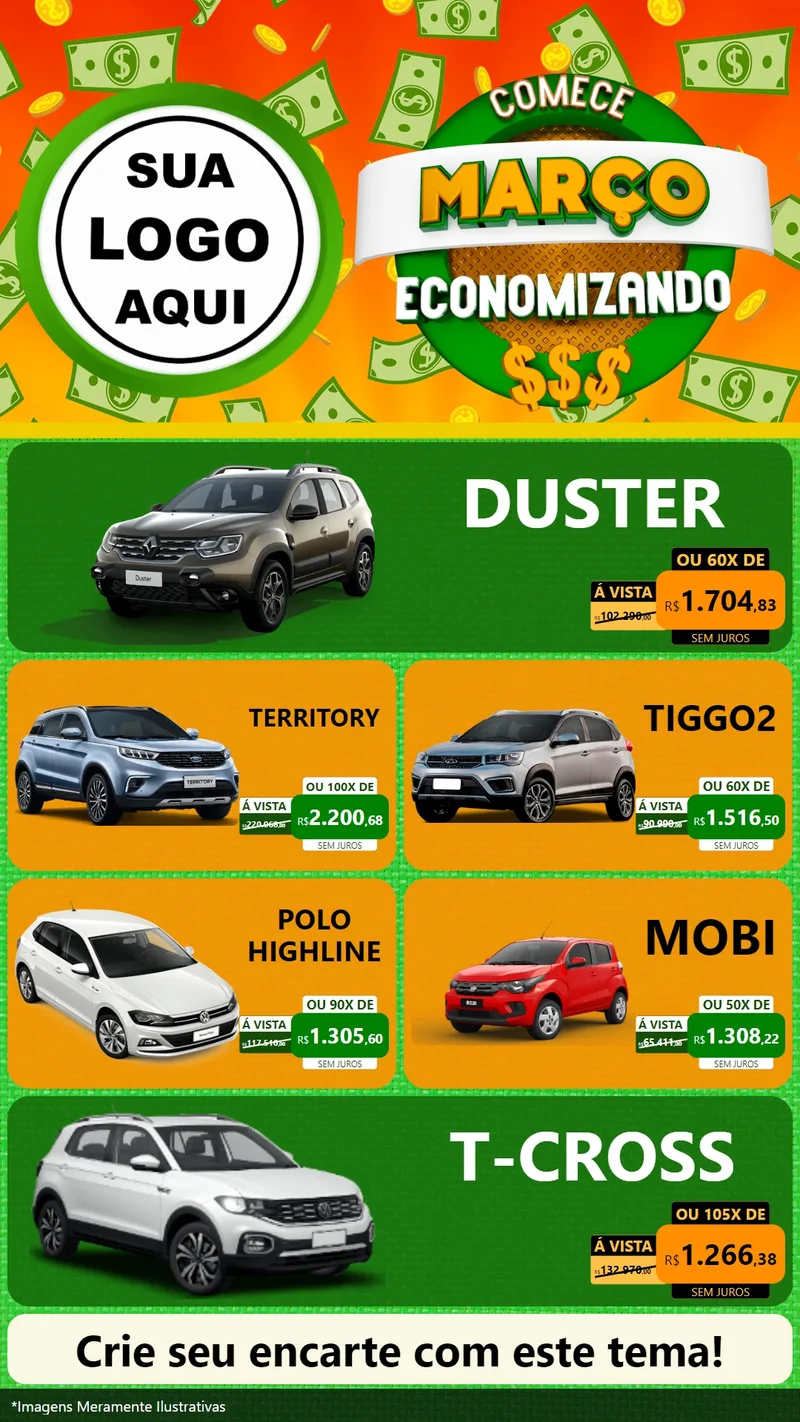 Modelo de TV para TV Vertical com o tema Comece Março Economizando para Concessionaria de Carros