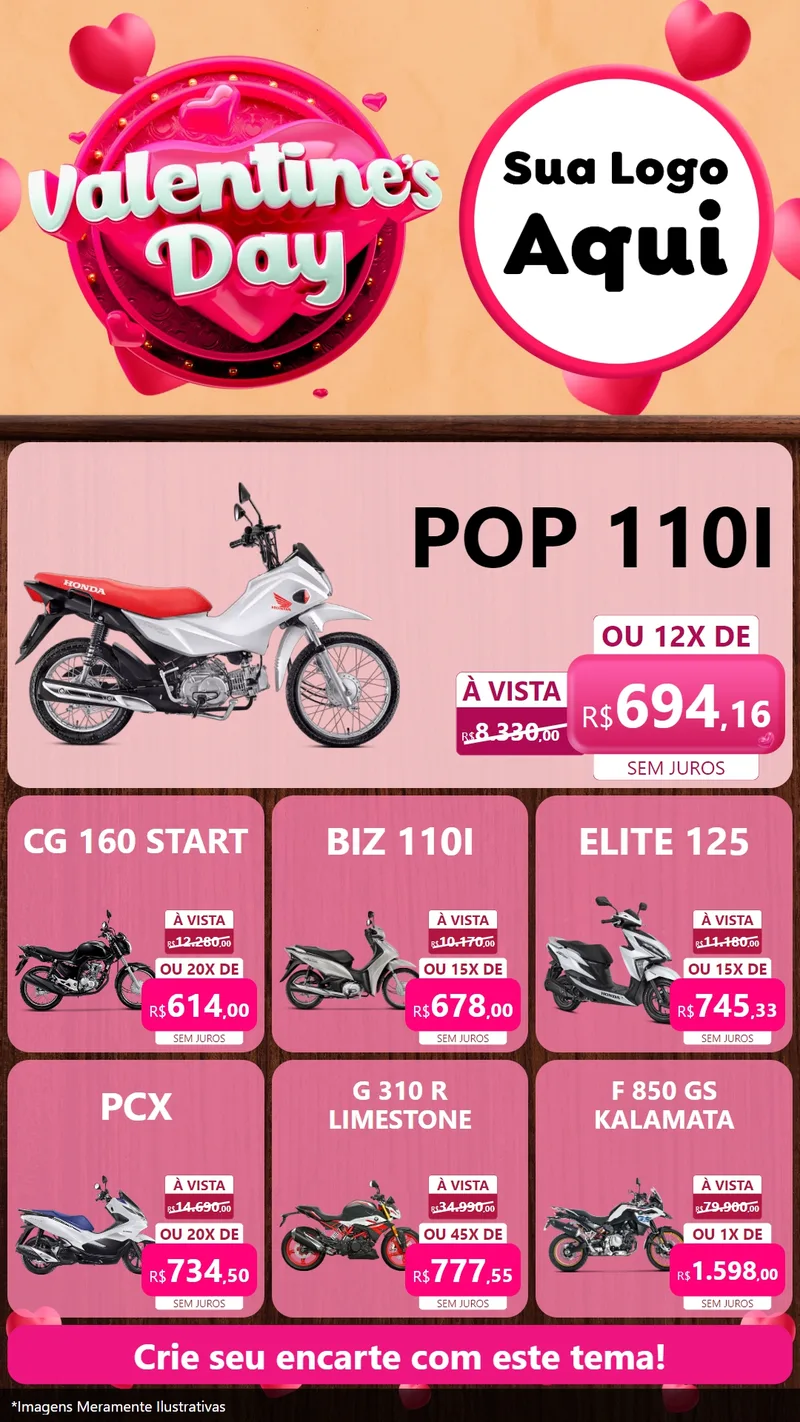 Modelo de Rede Social para Stories com o tema Valentine's Day para Concessionaria de Motos