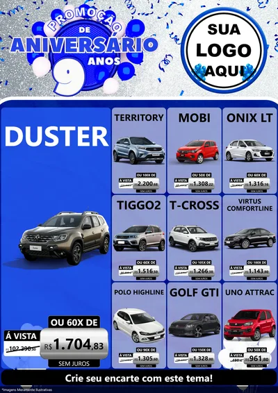 Modelo de Encarte para Encarte A4 Vertical com o tema Promoção de Aniversário - 9 Anos para Concessionaria de Carros