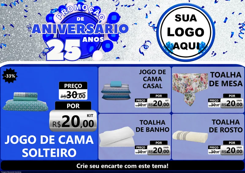 Modelo de Encarte para Encarte A4 Horizontal com o tema Promoção de Aniversário - 25 Anos para Cama, Mesa e Banho