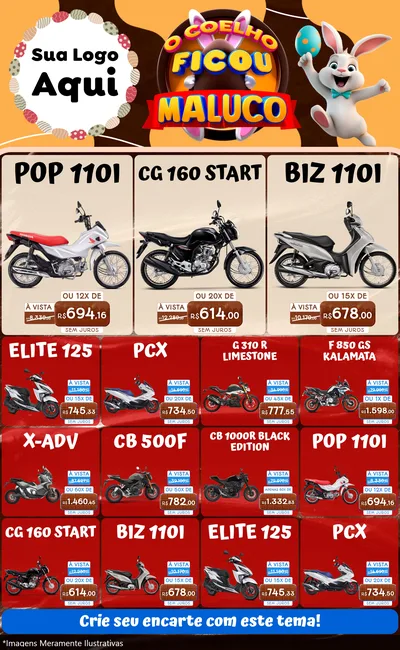 Modelo de Encarte para Encarte Grande com o tema O Coelho Ficou Maluco - Páscoa para Concessionaria de Motos