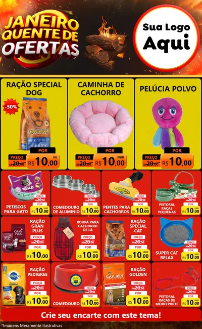 Modelo de Encarte para Encarte Grande com o tema Janeiro Quente de Ofertas para Pet Shop