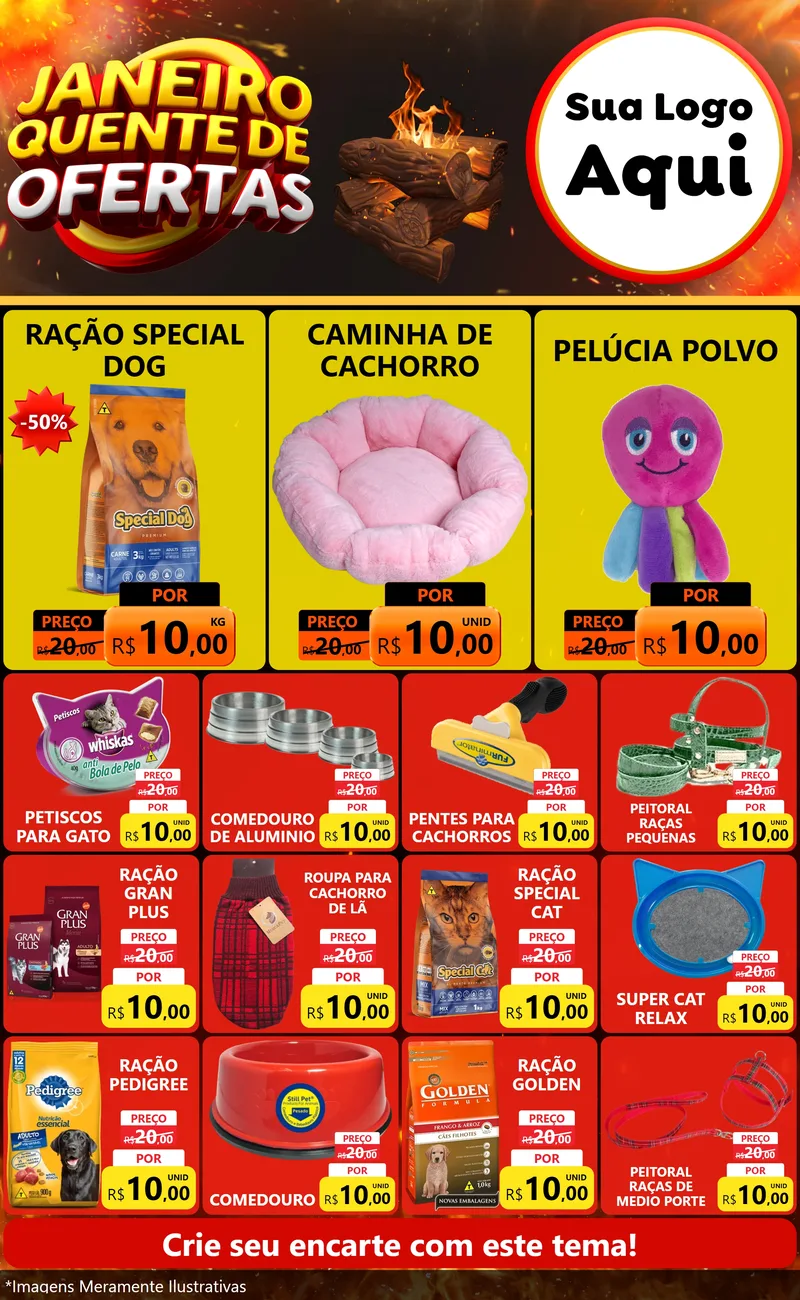 Modelo de Encarte para Encarte Grande com o tema Janeiro Quente de Ofertas para Pet Shop