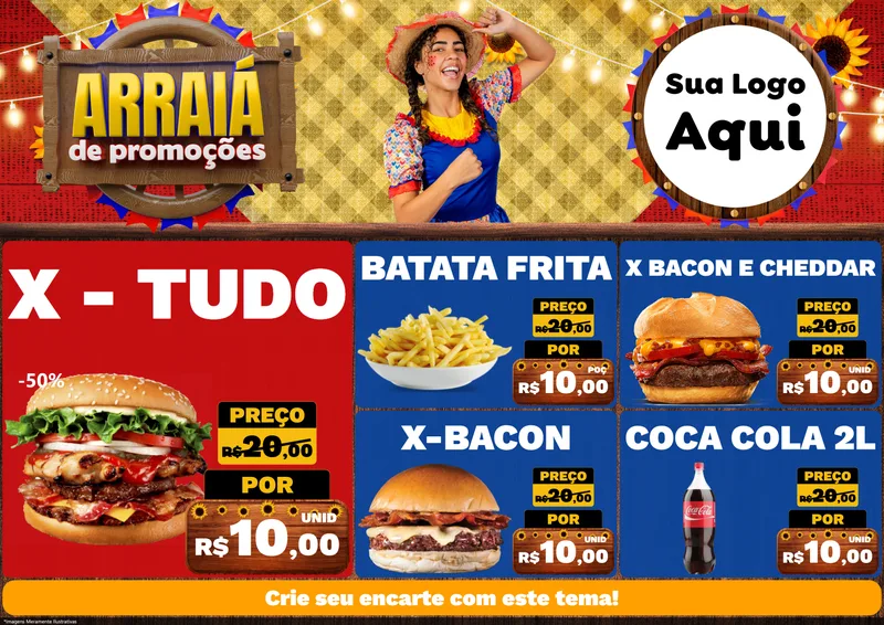 Modelo de Encarte para Encarte A4 Horizontal com o tema Arraiá de Promoções para Hamburgueria