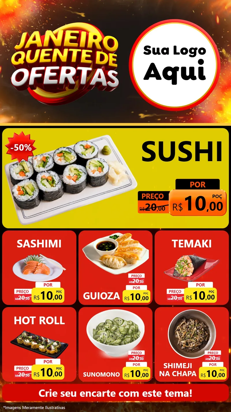 Modelo de Rede Social para Stories com o tema Janeiro Quente de Ofertas para Comida japonesa