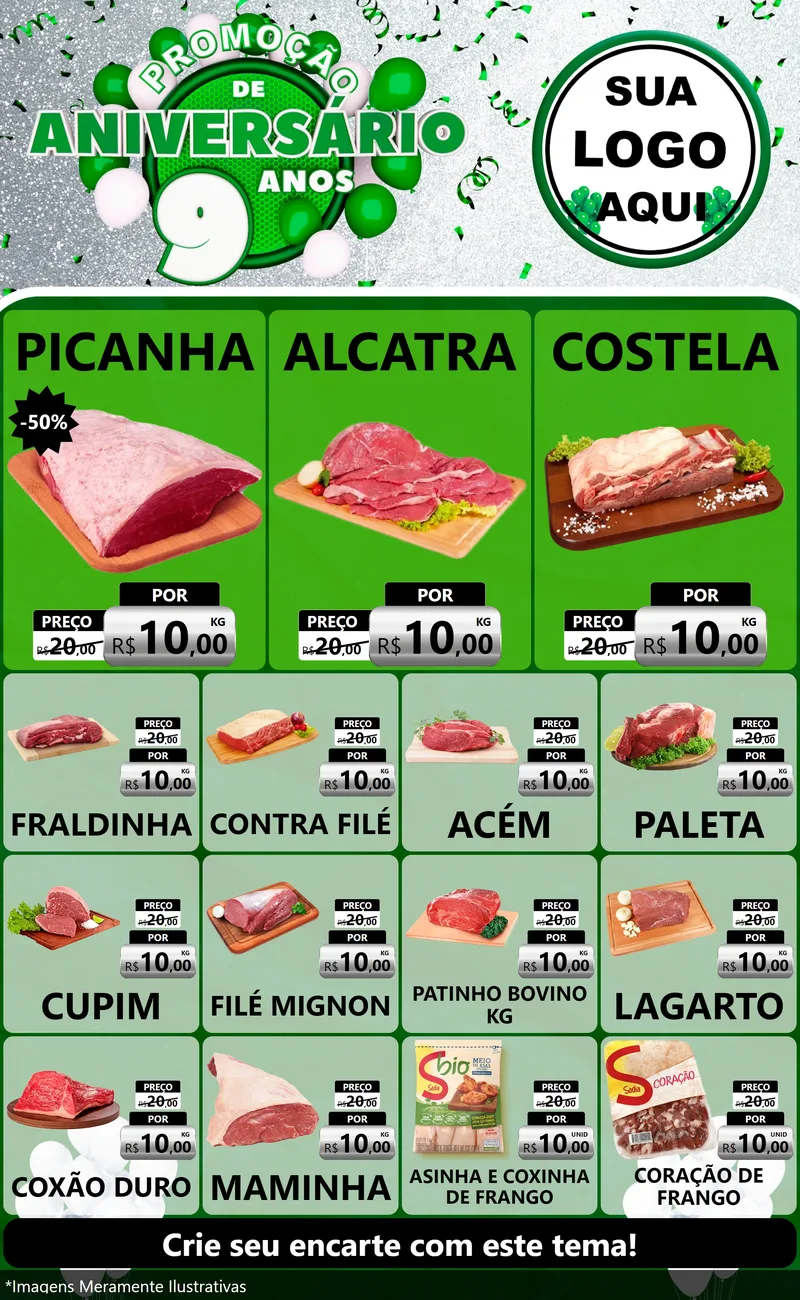 Modelo de Encarte para Encarte Grande com o tema Promoção de Aniversário - 9 Anos para Açougue