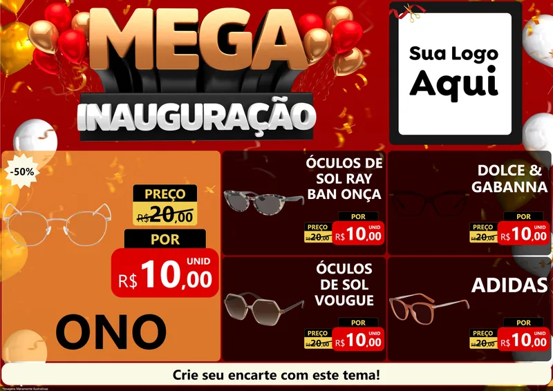 Modelo de Encarte para Encarte A4 Horizontal com o tema Mega Inauguração para Óticas