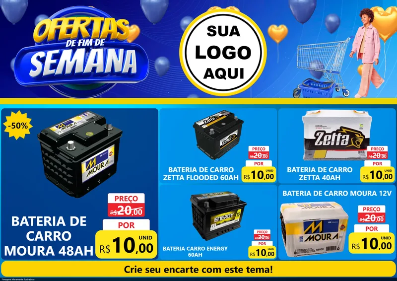 Modelo de Encarte para Encarte A4 Horizontal com o tema Ofertas de Fim de Semana para Baterias Elétricas