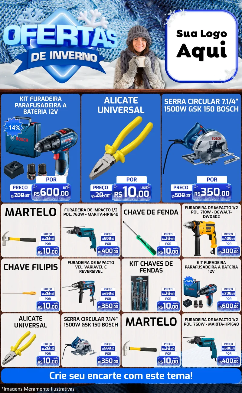 Modelo de Encarte para Encarte Grande com o tema Ofertas de Inverno para Maquinas e Ferramentas