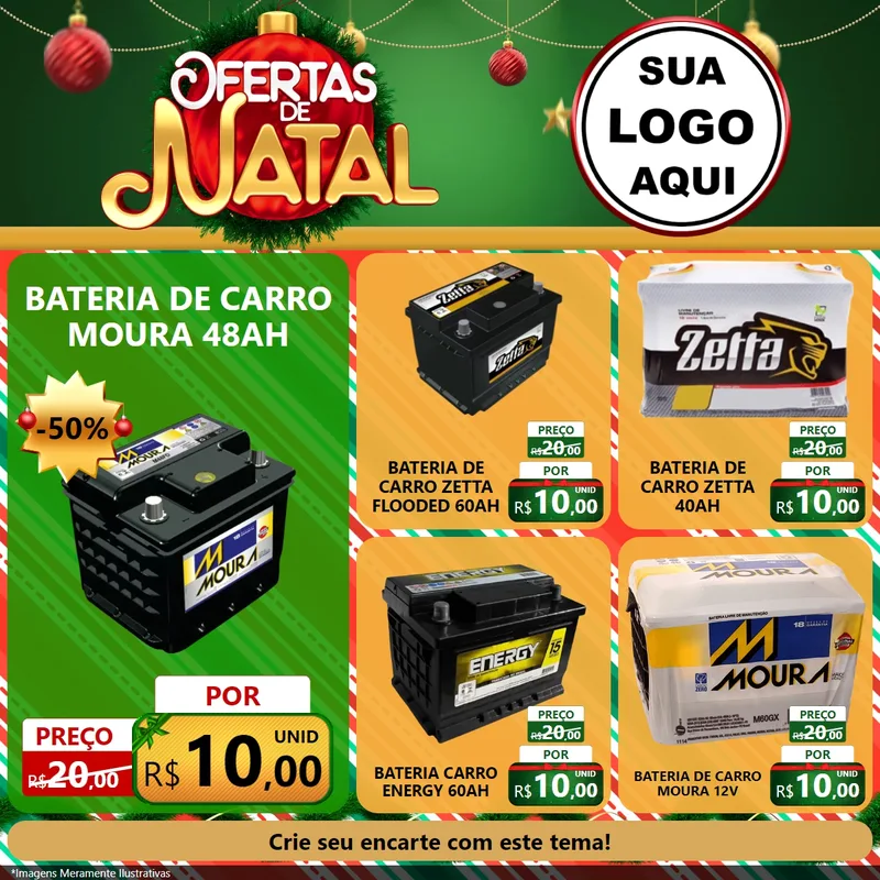 Modelo de Rede Social para Feed Facebook com o tema Ofertas de Natal para Baterias Elétricas