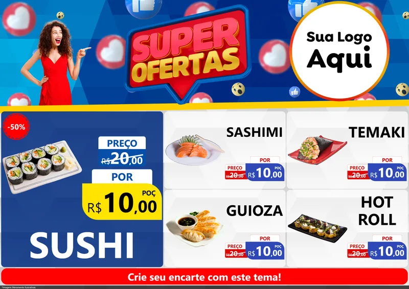 Modelo de Encarte para Encarte A4 Horizontal com o tema Super Ofertas para Comida japonesa
