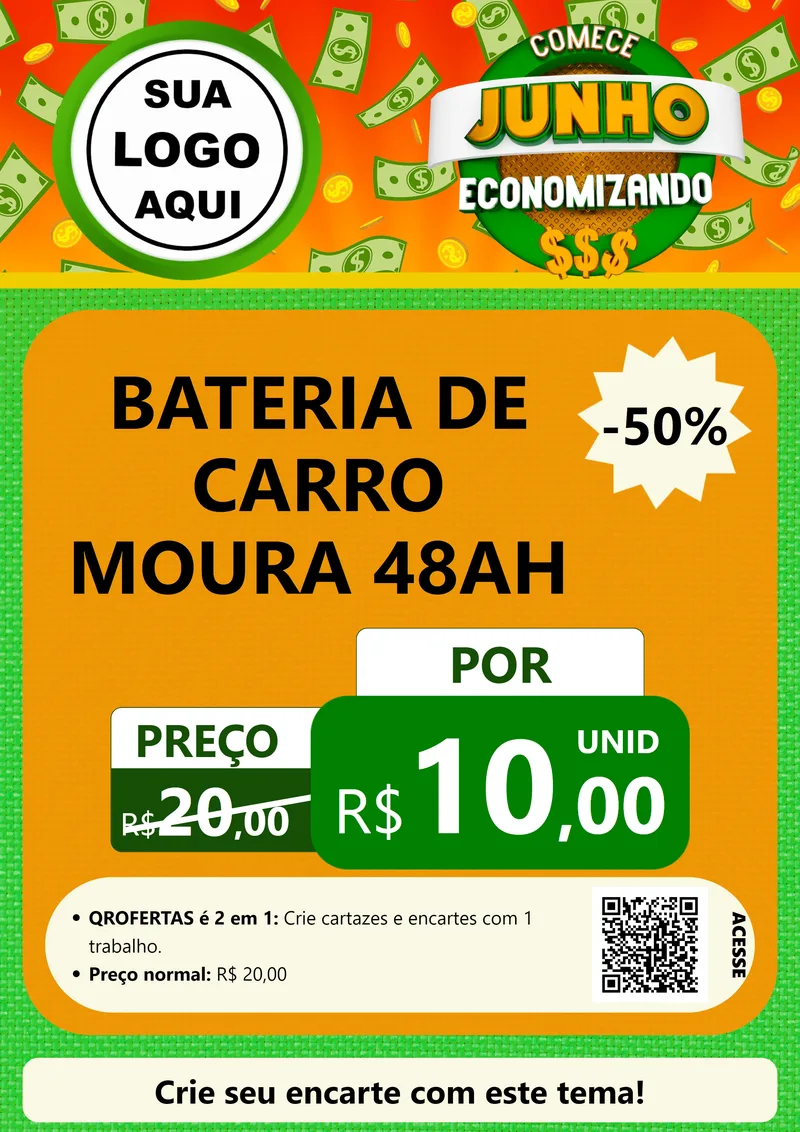 Modelo de Cartaz para Cartaz A4 Vertical com o tema Comece Junho Economizando para Baterias Elétricas