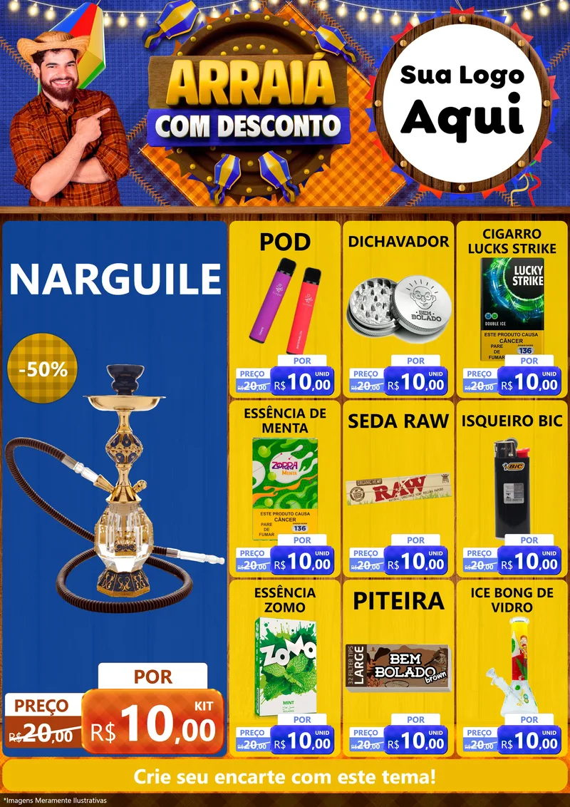 Modelo de Encarte para Encarte A4 Vertical com o tema Arraiá Com Desconto para Tabacaria