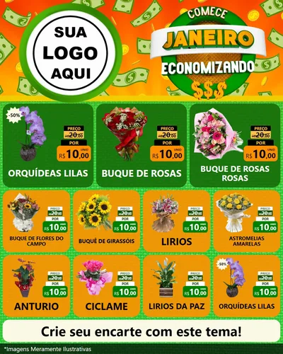Modelo de Rede Social para Feed Instagram com o tema Comece Janeiro Economizando para Floricultura e jardim