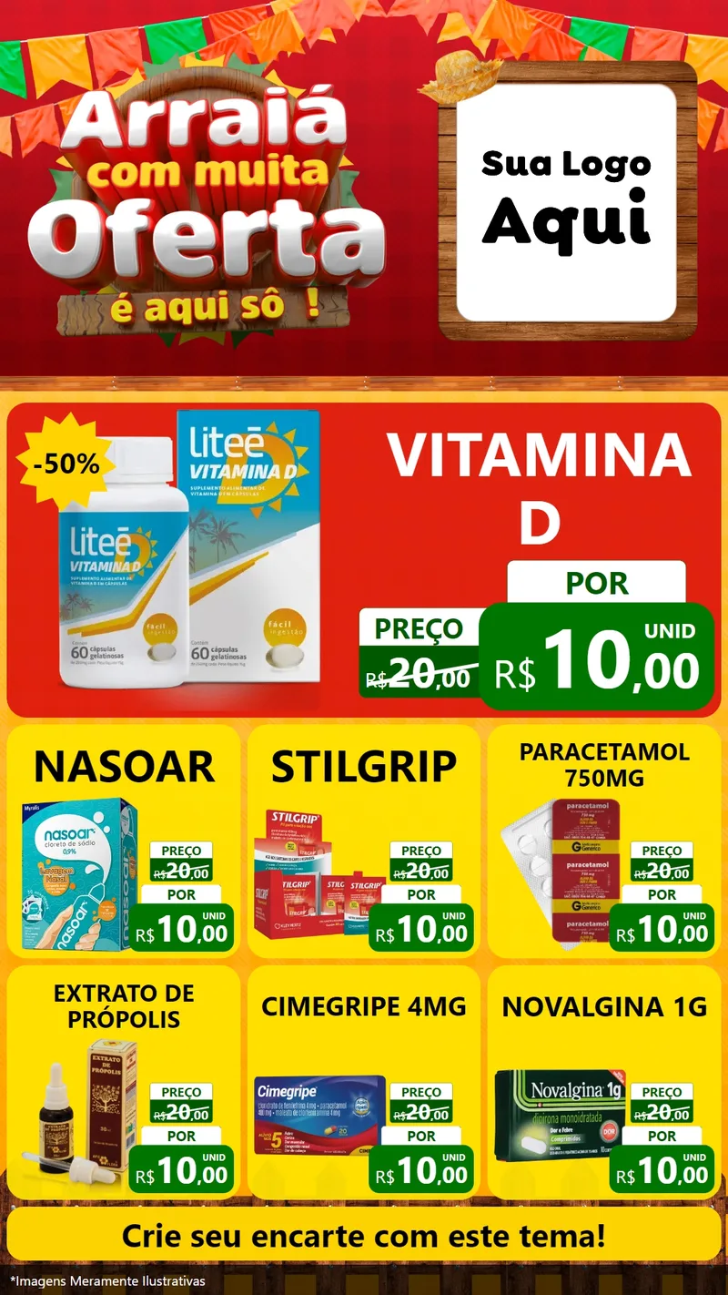 Modelo de Rede Social para Stories com o tema Arraiá Com Muita Oferta - É Aqui Sô! para Farmácia