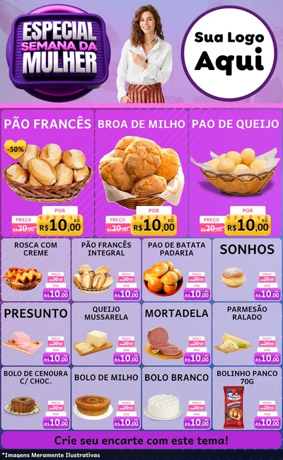 Modelo de Encarte para Encarte Grande com o tema Especial Semana da Mulher para Padaria