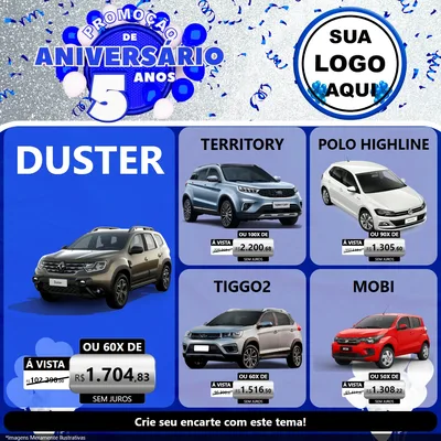 Modelo de Rede Social para Feed Facebook com o tema Promoção de Aniversário - 5 Anos para Concessionaria de Carros