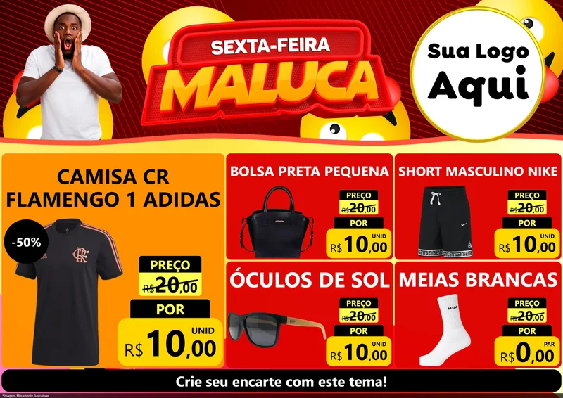 Modelo de Encarte para Encarte A4 Horizontal com o tema Sexta-feira Maluca para Roupas e acessórios
