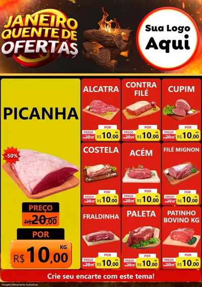 Modelo de Encarte para Encarte A4 Vertical com o tema Janeiro Quente de Ofertas para Açougue