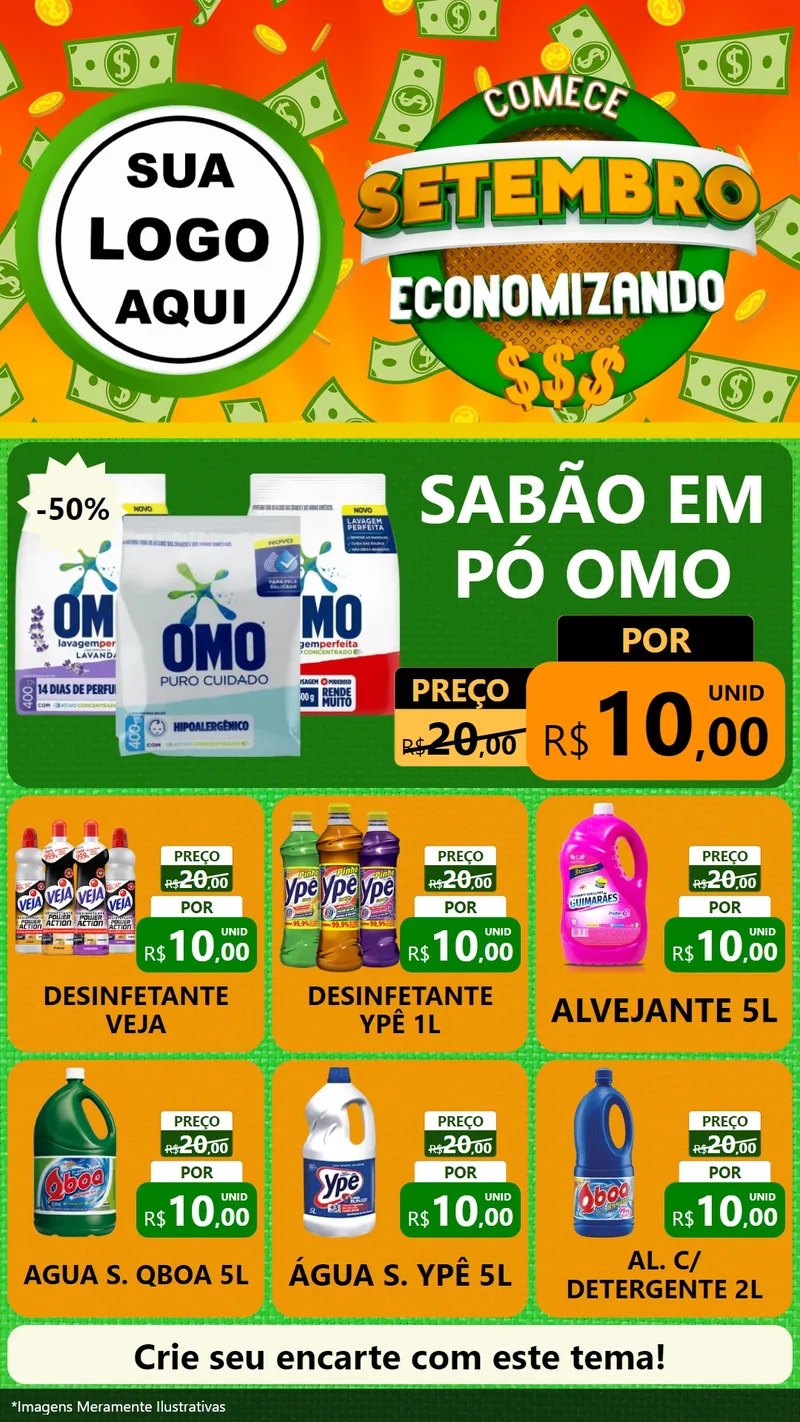 Modelo de Rede Social para Stories com o tema Comece Setembro Economizando para Produtos de Limpeza