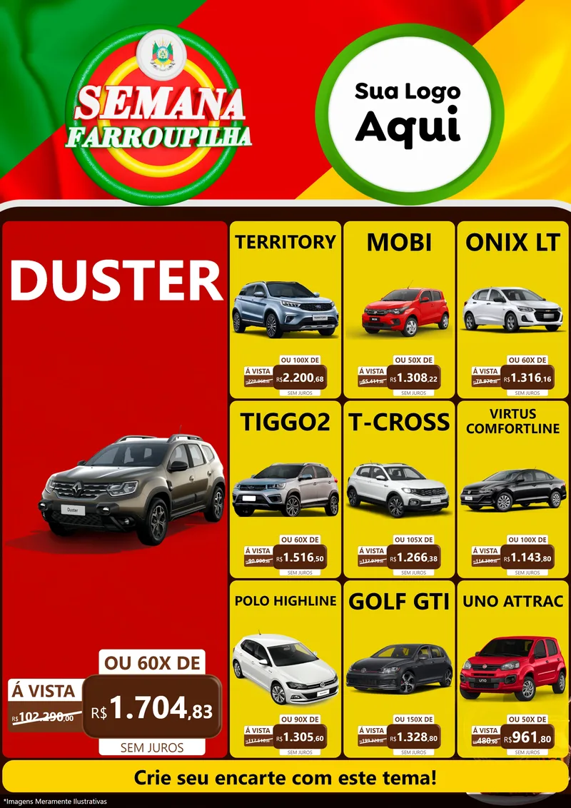 Modelo de Encarte para Encarte A4 Vertical com o tema Semana Farroupilha para Concessionaria de Carros