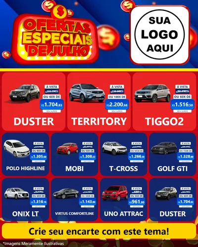 Modelo de Rede Social para Feed Instagram com o tema Ofertas Especiais de Julho para Concessionaria de Carros