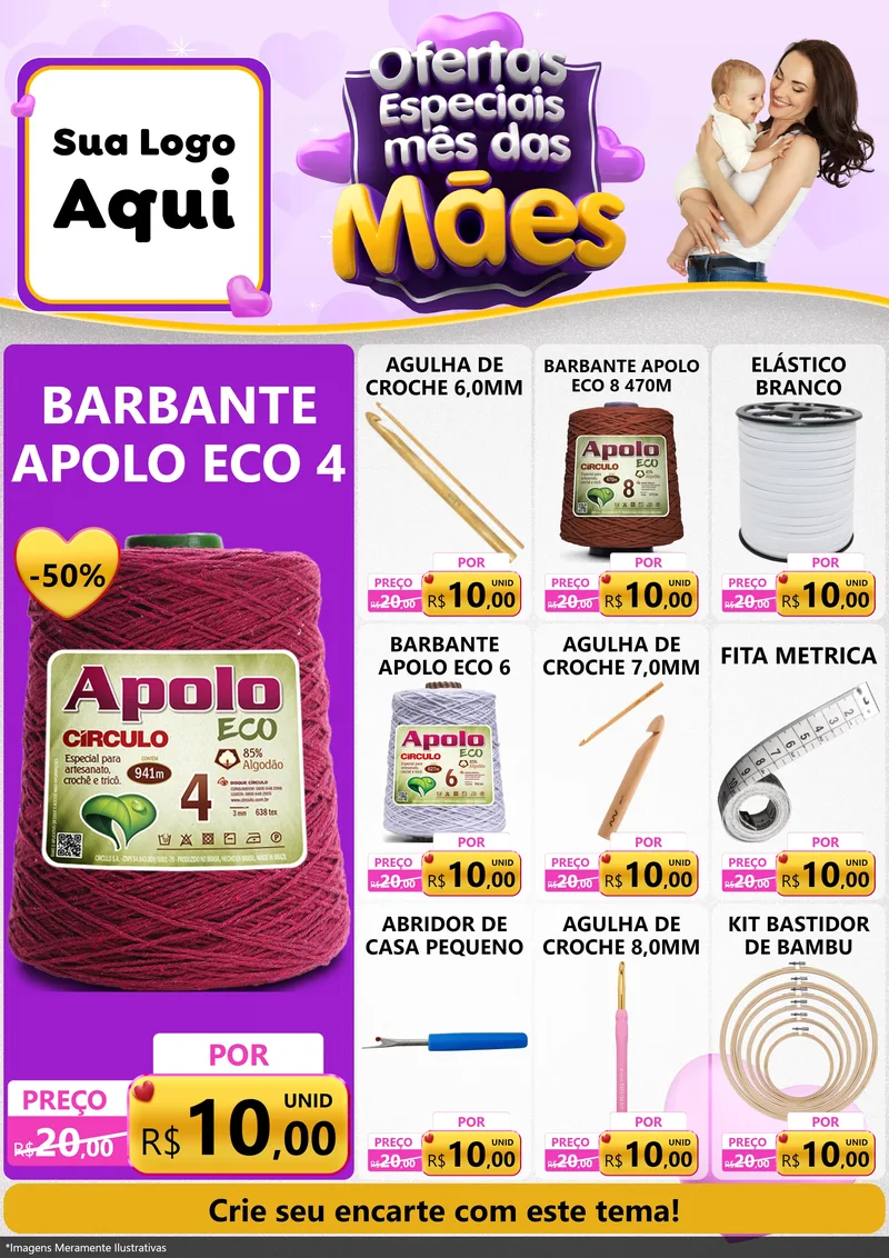 Modelo de Encarte para Encarte A4 Vertical com o tema Ofertas Especiais - Mês das Mães para Armarinho e Aviamentos