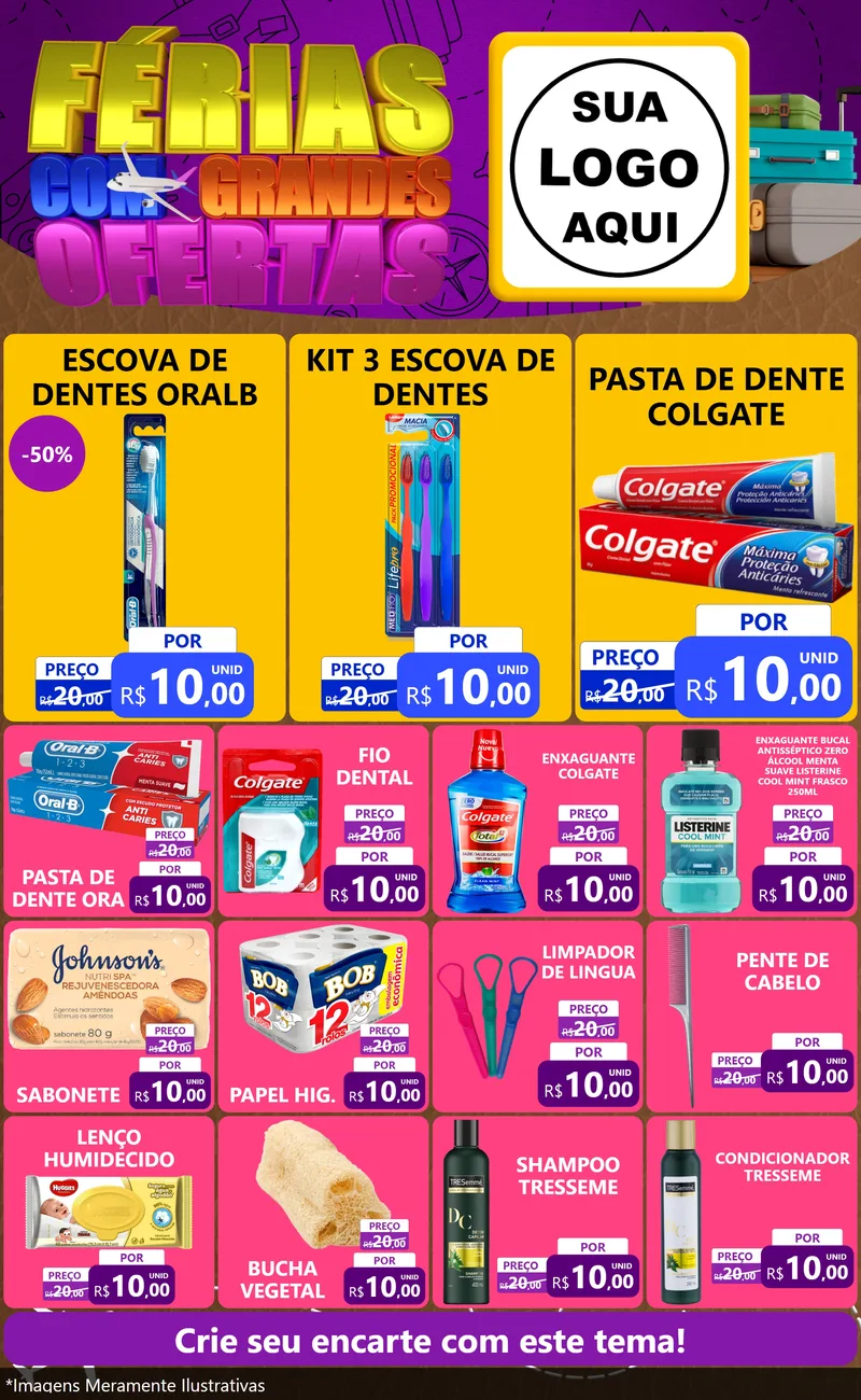Modelo de Encarte para Encarte Grande com o tema Férias com Grandes Ofertas para Higiene Pessoal