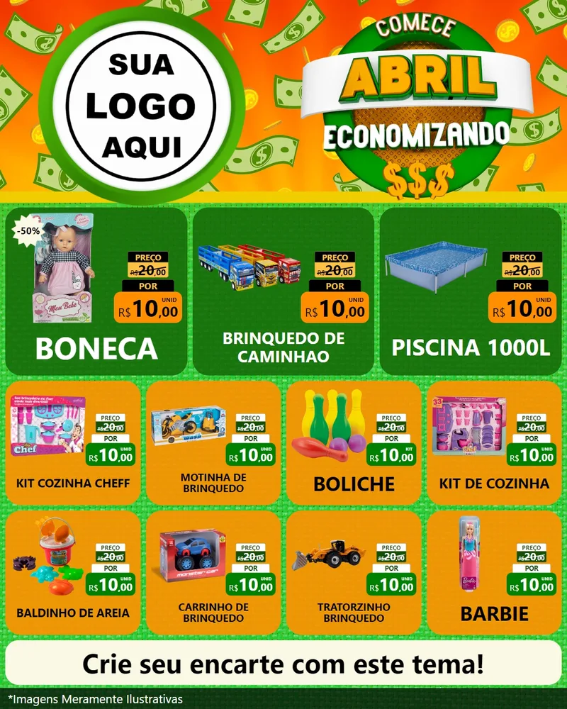 Modelo de Rede Social para Feed Instagram com o tema Comece Abril Economizando para Brinquedos