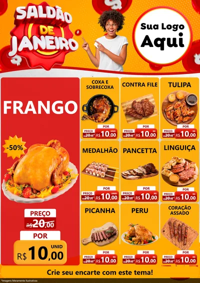 Modelo de Encarte para Encarte A4 Vertical com o tema Saldão de Janeiro para Assados