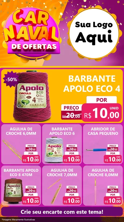 Modelo de Rede Social para Stories com o tema Carnaval de Ofertas para Armarinho e Aviamentos