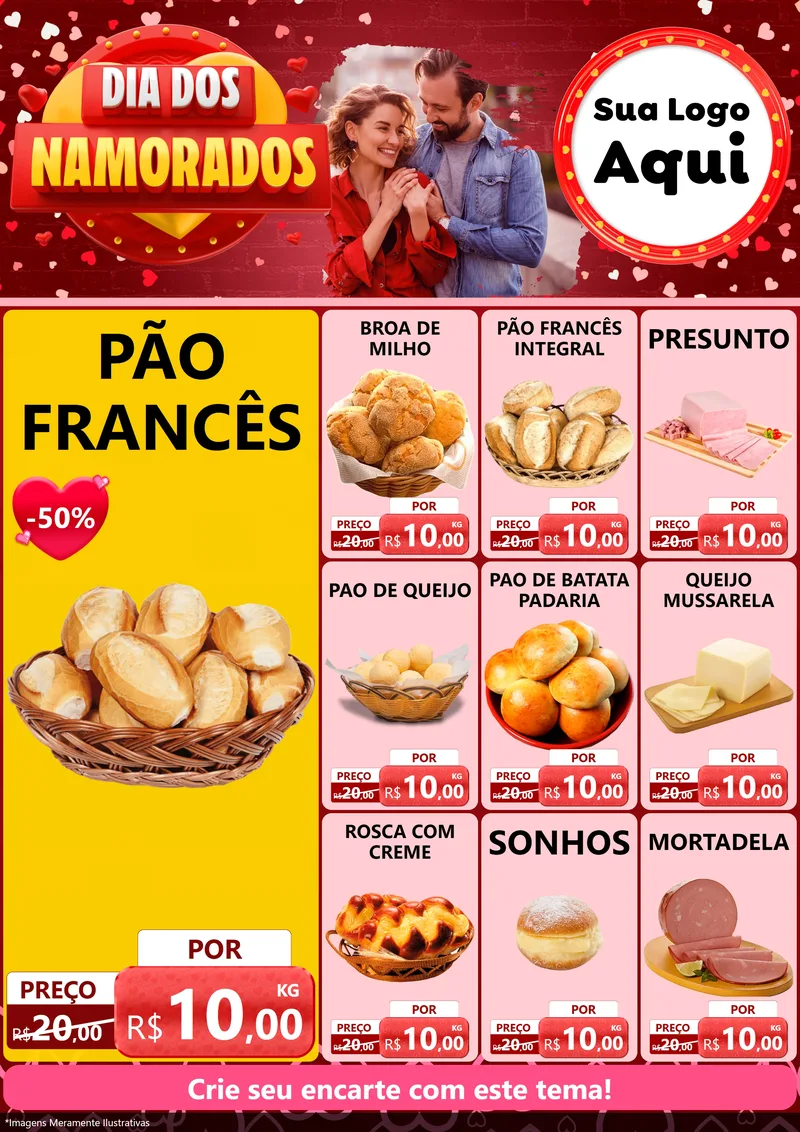 Modelo de Encarte para Encarte A4 Vertical com o tema Dia Dos Namorados para Padaria