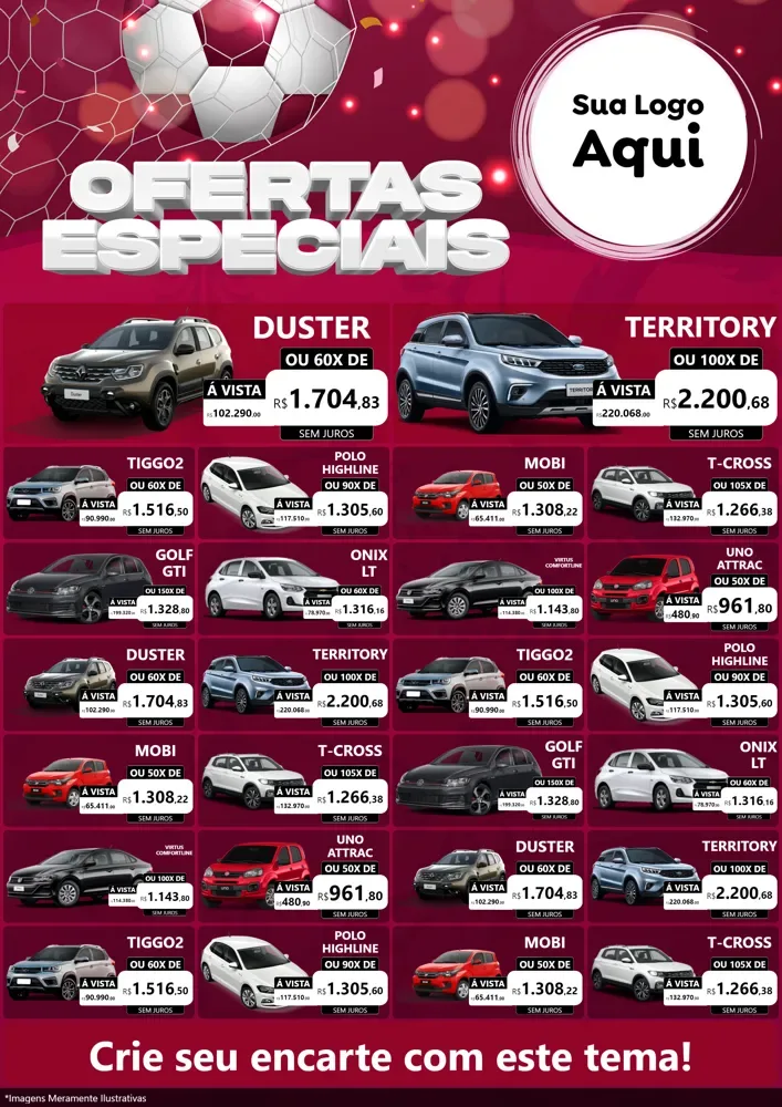 Modelo de Encarte para Encarte A4 Vertical com o tema Ofertas Especiais - Futebol para Concessionaria de Carros