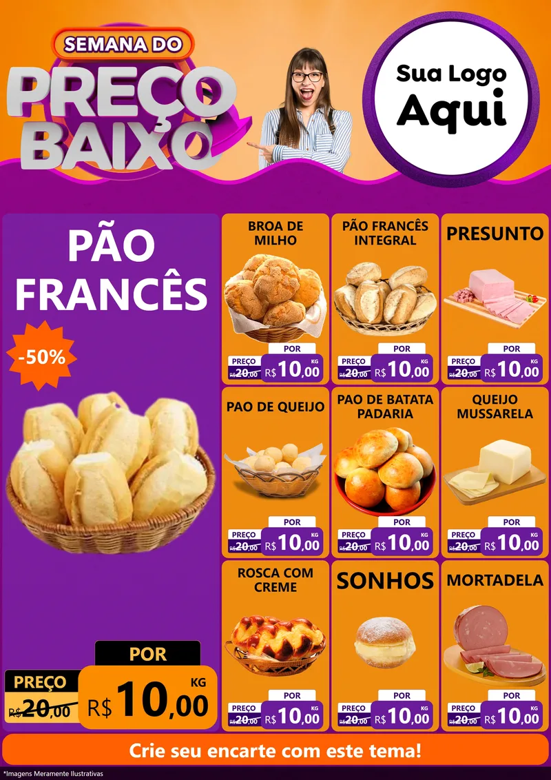 Modelo de Encarte para Encarte A4 Vertical com o tema Semana do Preço Baixo para Padaria
