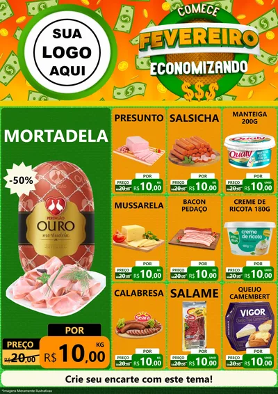 Modelo de Encarte para Encarte A4 Vertical com o tema Comece Fevereiro Economizando para Frios e Laticínios