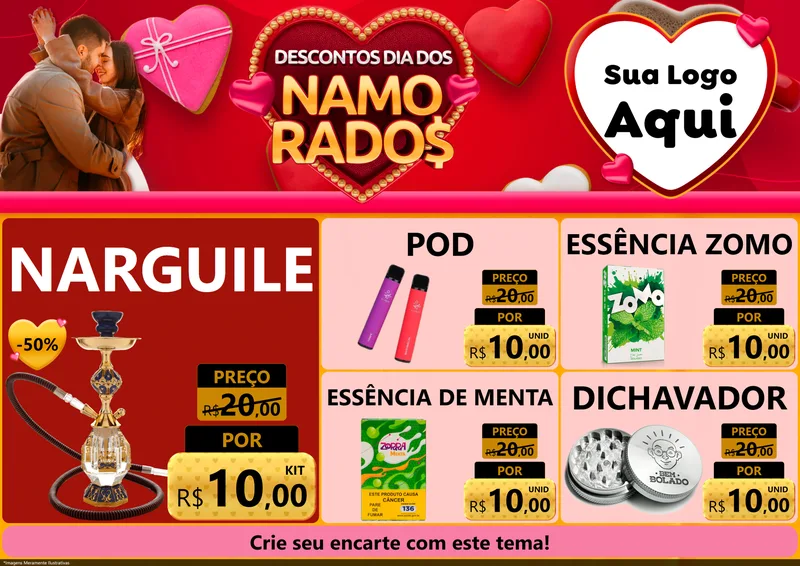 Modelo de Encarte para Encarte A4 Horizontal com o tema Descontos Dia dos Namorados para Tabacaria
