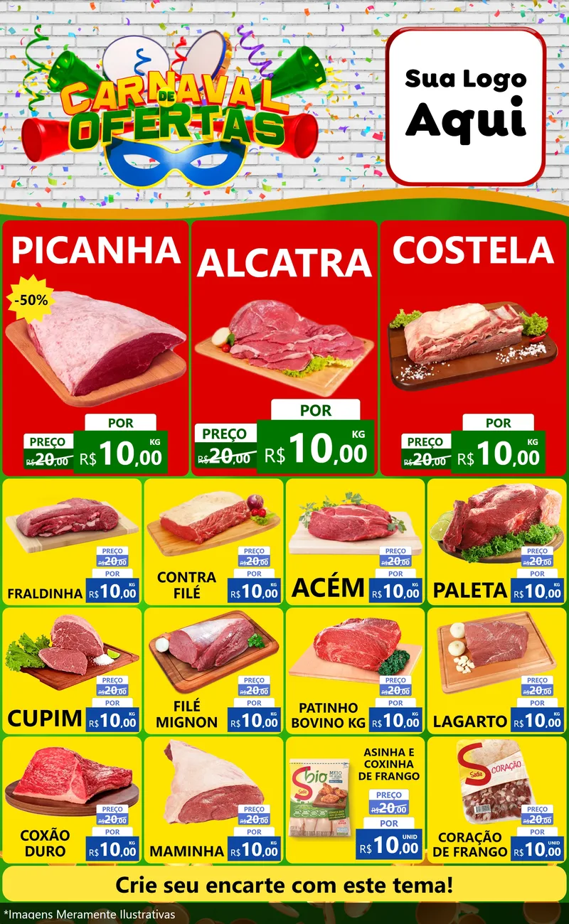 Modelo de Encarte para Encarte Grande com o tema Carnaval de Ofertas para Açougue