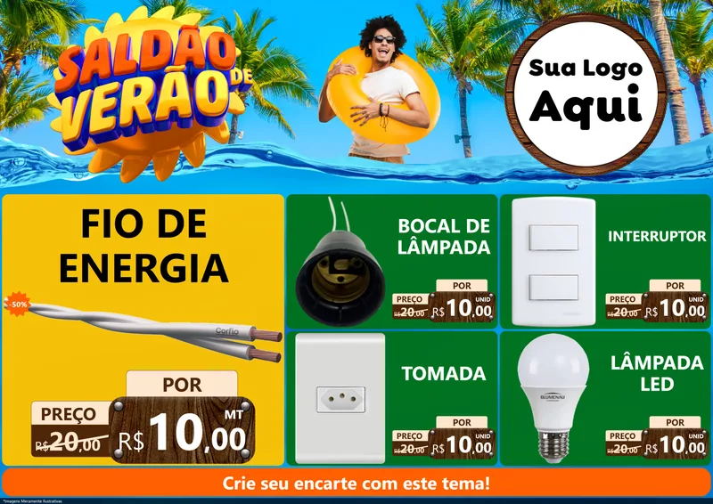 Modelo de Encarte para Encarte A4 Horizontal com o tema Saldão de Verão para Materiais Elétricos
