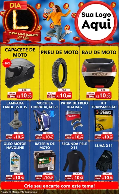 Modelo de Encarte para Encarte Grande com o tema Dia L - O Dia Mais Barato Do Mês para Moto peças