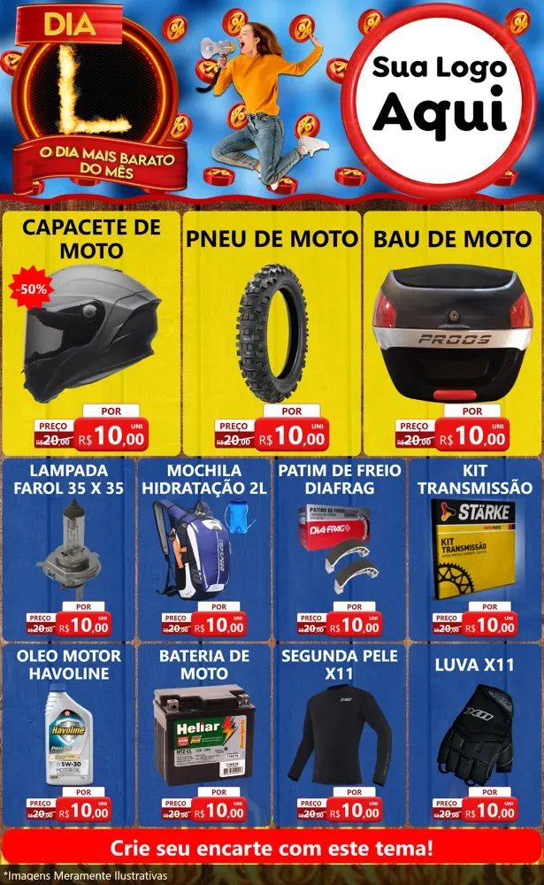 Modelo de Encarte para Encarte Grande com o tema Dia L - O Dia Mais Barato Do Mês para Moto peças