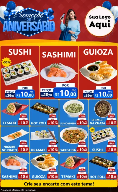 Modelo de Encarte para Encarte Grande com o tema Promoção de Aniversário para Comida japonesa