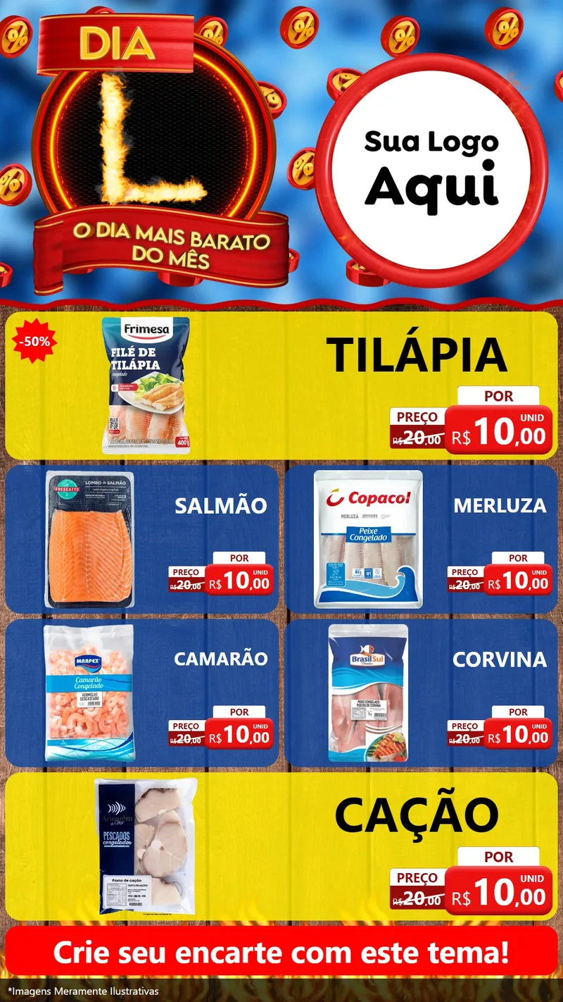 Modelo de TV para TV Vertical com o tema Dia L - O Dia Mais Barato Do Mês para Peixaria