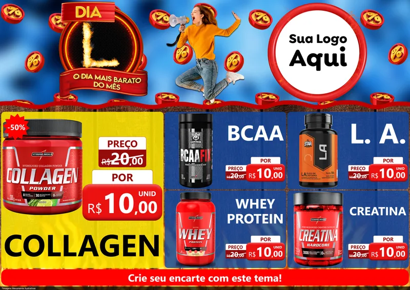 Modelo de Encarte para Encarte A4 Horizontal com o tema Dia L - O Dia Mais Barato Do Mês para Suplementos alimentares