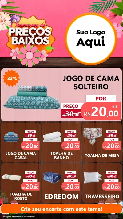 Modelo de Rede Social para Stories com o tema Primavera de Preços Baixos para Cama, Mesa e Banho