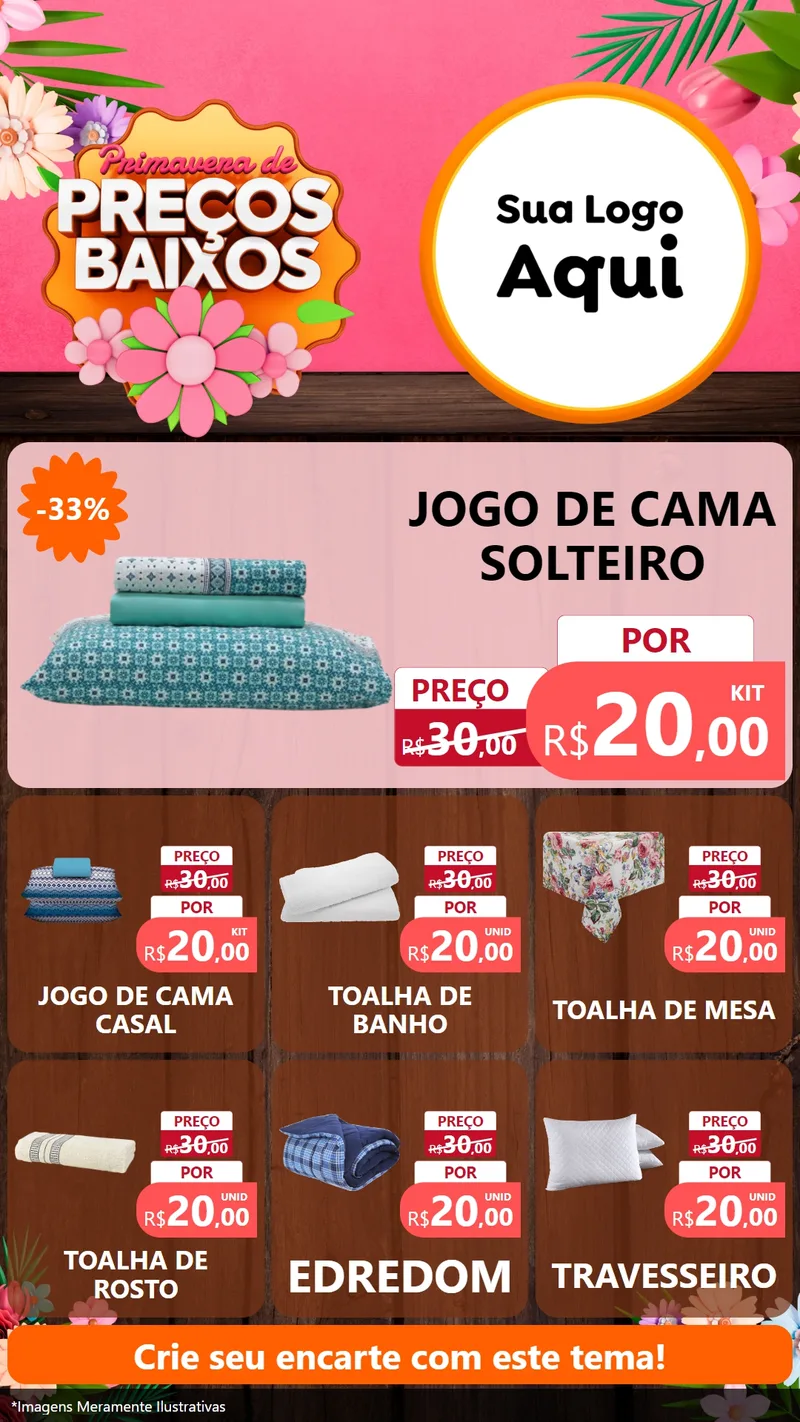 Modelo de Rede Social para Stories com o tema Primavera de Preços Baixos para Cama, Mesa e Banho