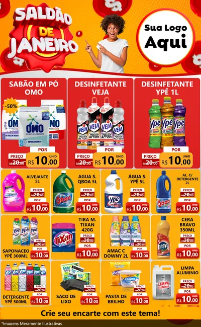 Modelo de Encarte para Encarte Grande com o tema Saldão de Janeiro para Produtos de Limpeza